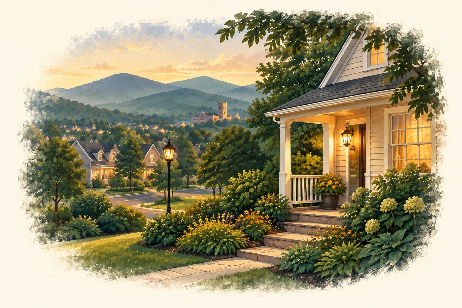 Illustration of a warmly lit porch surrounded by a leafy garden