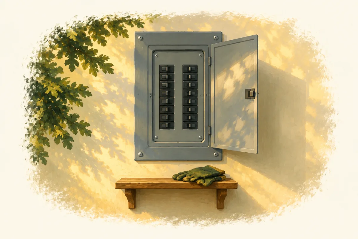Illustration of a covered breaker panel with its outer door open and gloves on a shelf