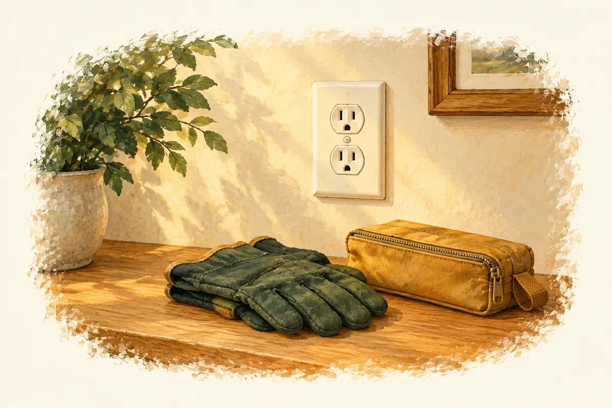 Illustration of a wall receptacle beside green work gloves and a tool pouch