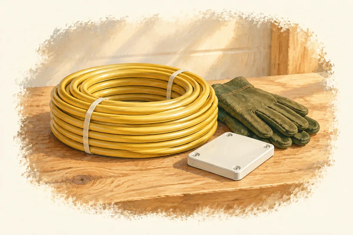 Illustration of coiled electrical cable and green work gloves on a wooden bench